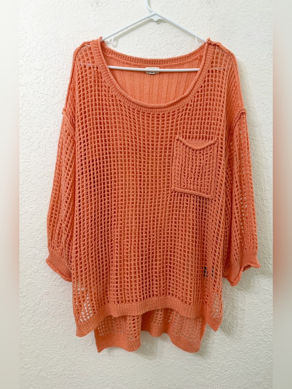 POL - Square Fishnet Knit See Through Coral Pullover Sweater - L